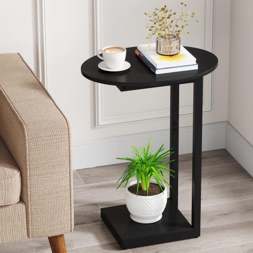 Minimalist solid wood C-shaped side table for compact living spaces
