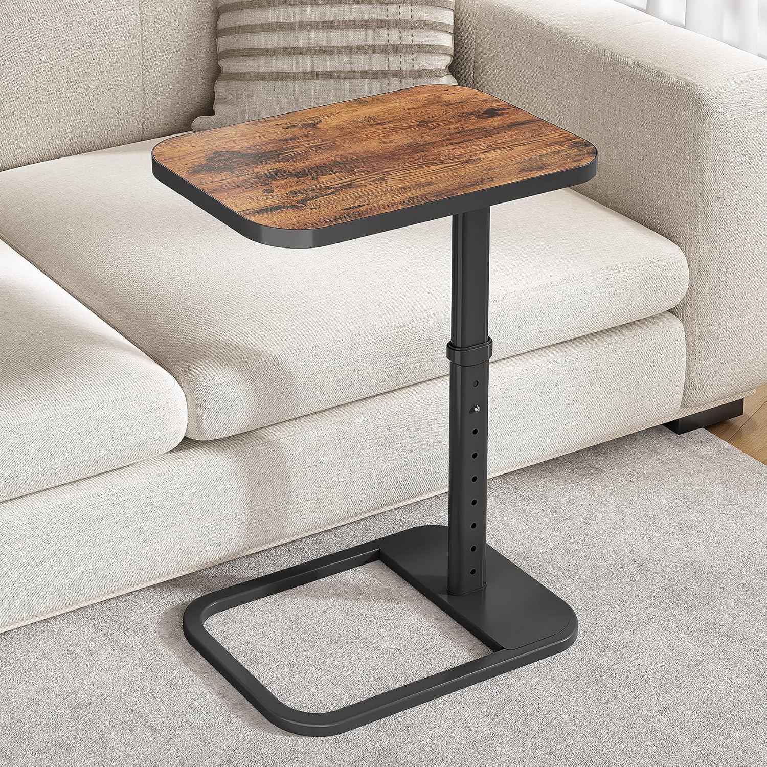 Adjustable-height, flip-top C-shaped side table for living room sofas
